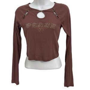 Urban Outfitters Brown Long Sleeve Cropped Top Peace Sign Size Small